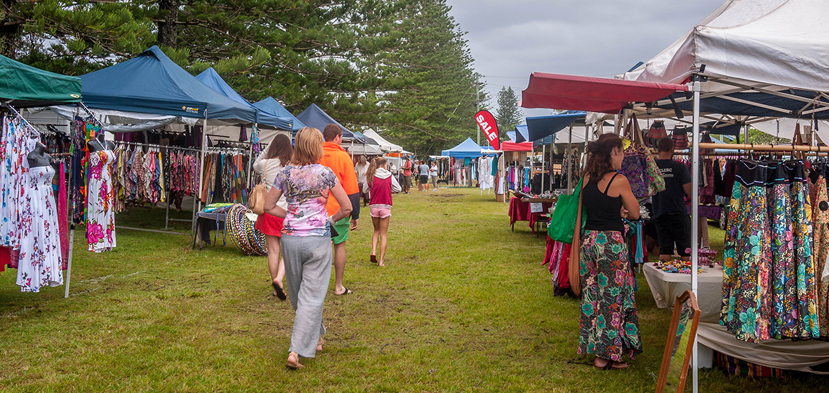 Artisan stalls at the Brunswick Heads Markets in Memorial Park